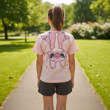 Back view of a pink girls tee with a large upside down Angel character print