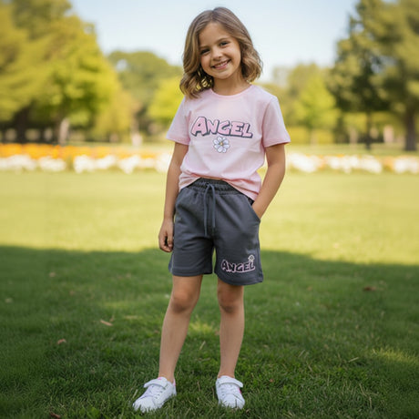 Girls set with a pink Angel tee, bubble Angel text and flower print, plus charcoal grey shorts