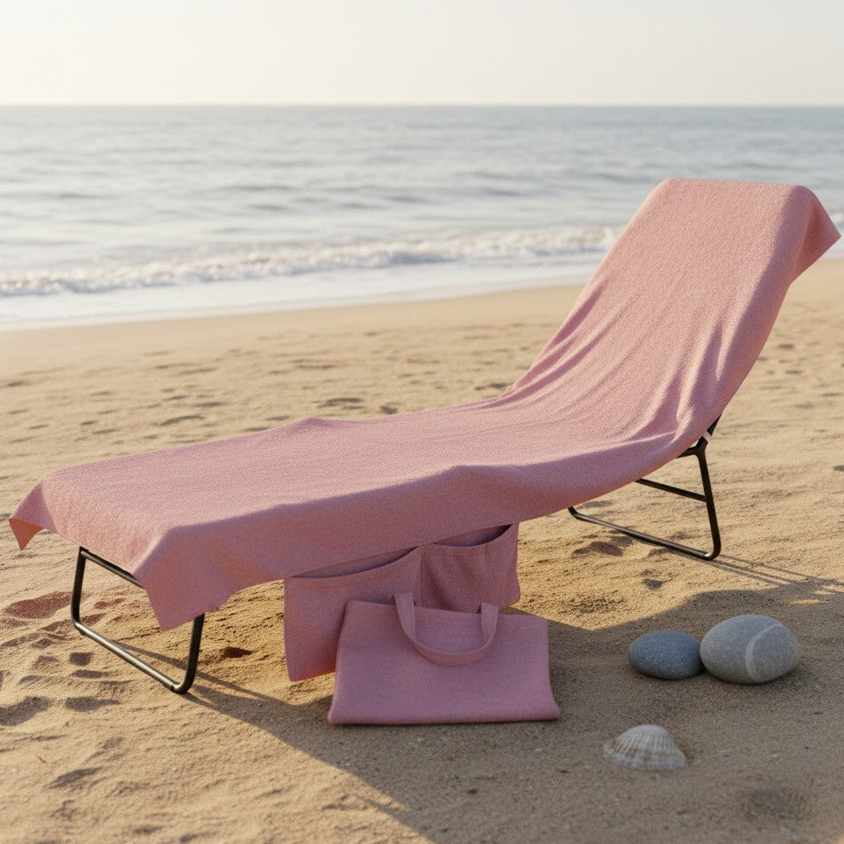 A pink beach towel draped over a lounge chair on a sandy beach, with matching pink tote bags and seashells nearby and the ocean in the background.