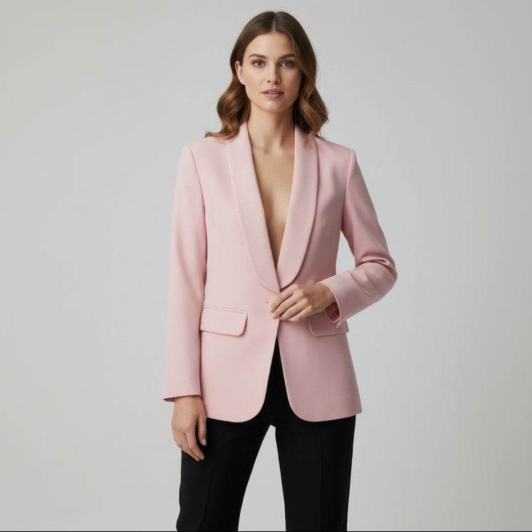 Woman wearing a pink blazer against a plain background