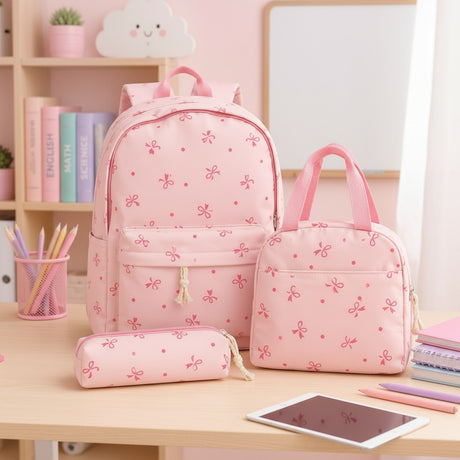 Pink bow print girls school backpack set with lunch bag and pencil case, Jack Gifts Online Lebanon