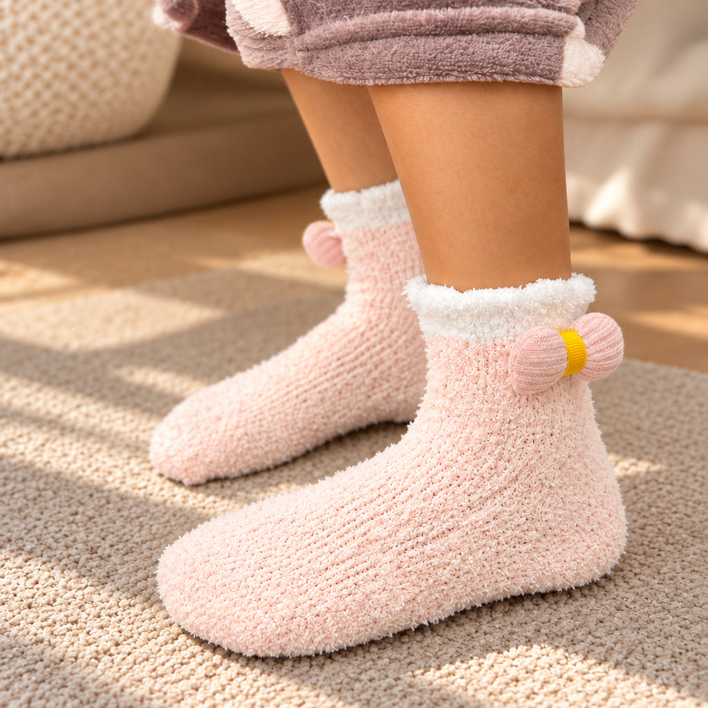 Pale pink fuzzy kids socks with a white cuff and a knitted bow on the ankle