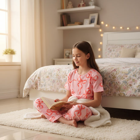 Pink short sleeve pajama set with red bow print worn reading by the bed