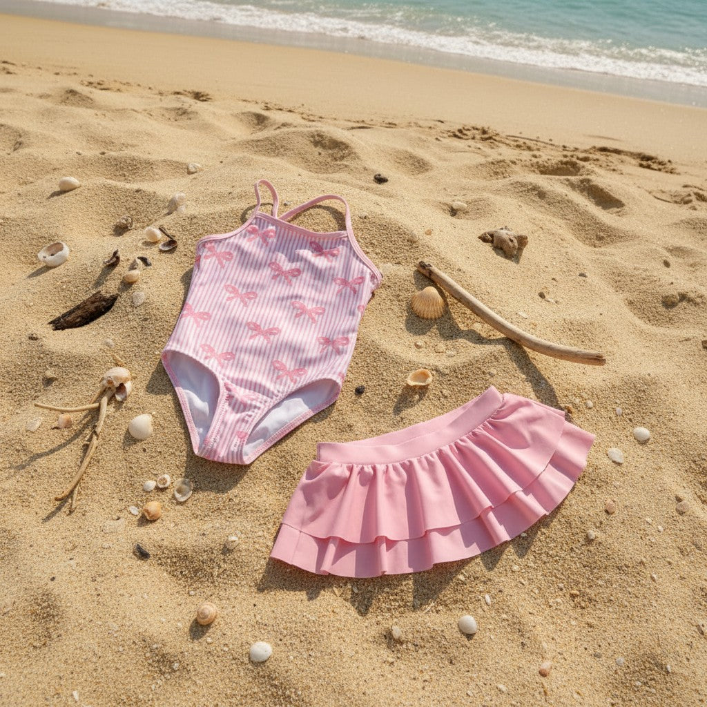 Pink bow stripe swimsuit and skirt flat lay on sand