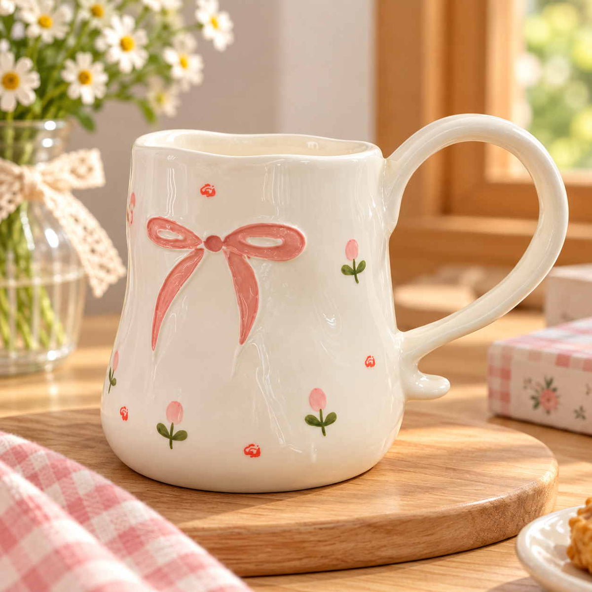 One large pink bow at the centre of a white tapered mug ringed by small tulips