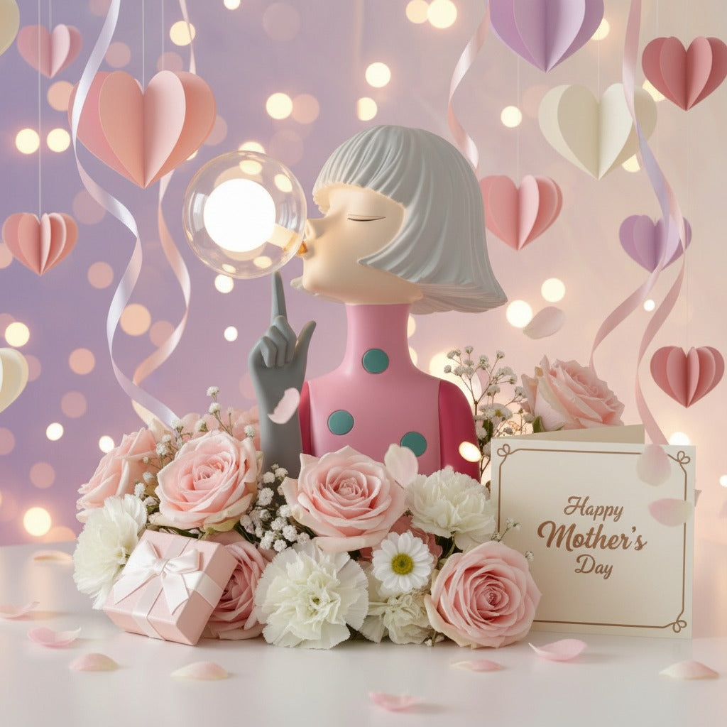 Pink teal spotted figure with a raised finger, hanging paper hearts behind her globe