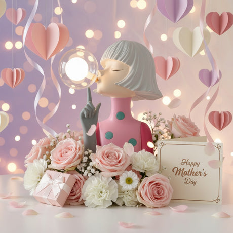 Pink teal spotted figure with a raised finger, hanging paper hearts behind her globe