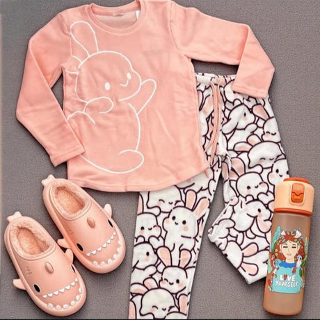 Peach bunny outline top and allover bunny print pants flat lay with slippers