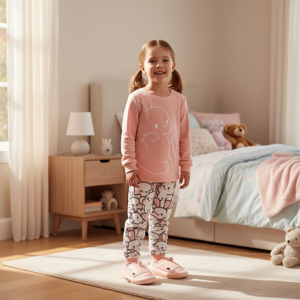 Girls peach bunny pajama set with long sleeve top and bunny print pants
