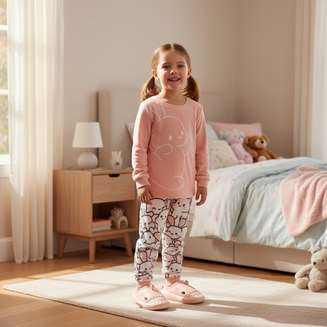 Girls peach bunny pajama set with long sleeve top and bunny print pants