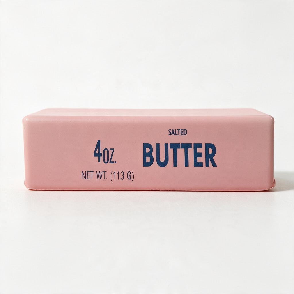 Pink butter stick squishy printed with Salted Butter and 4 oz in blue