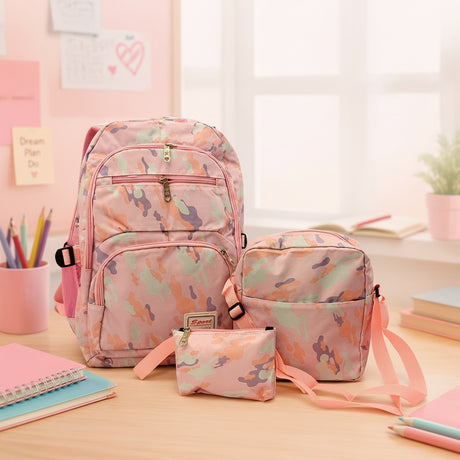 Pastel camo girls backpack set with shoulder bag and zip pouch, Jack Gifts Online Lebanon