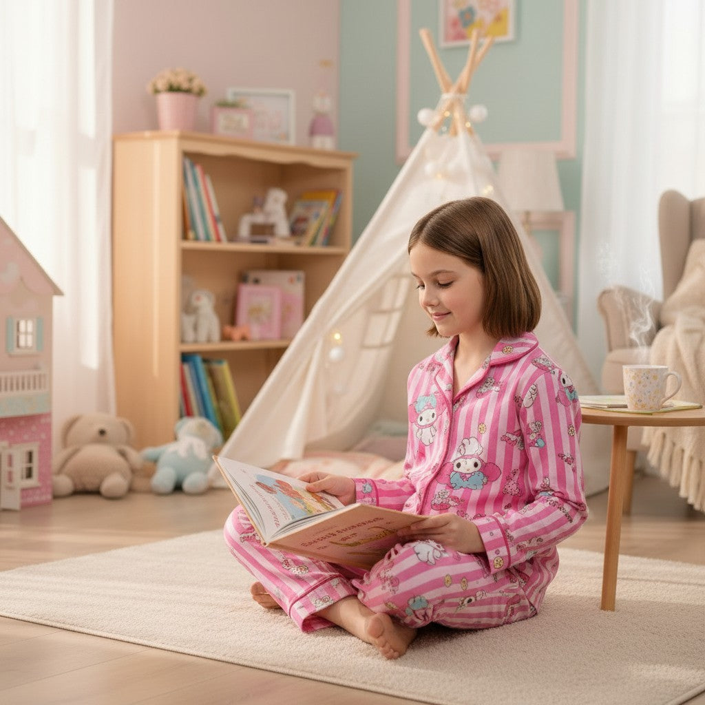 Young girl in pink pajamas reading a book in a cozy room with toys and books around