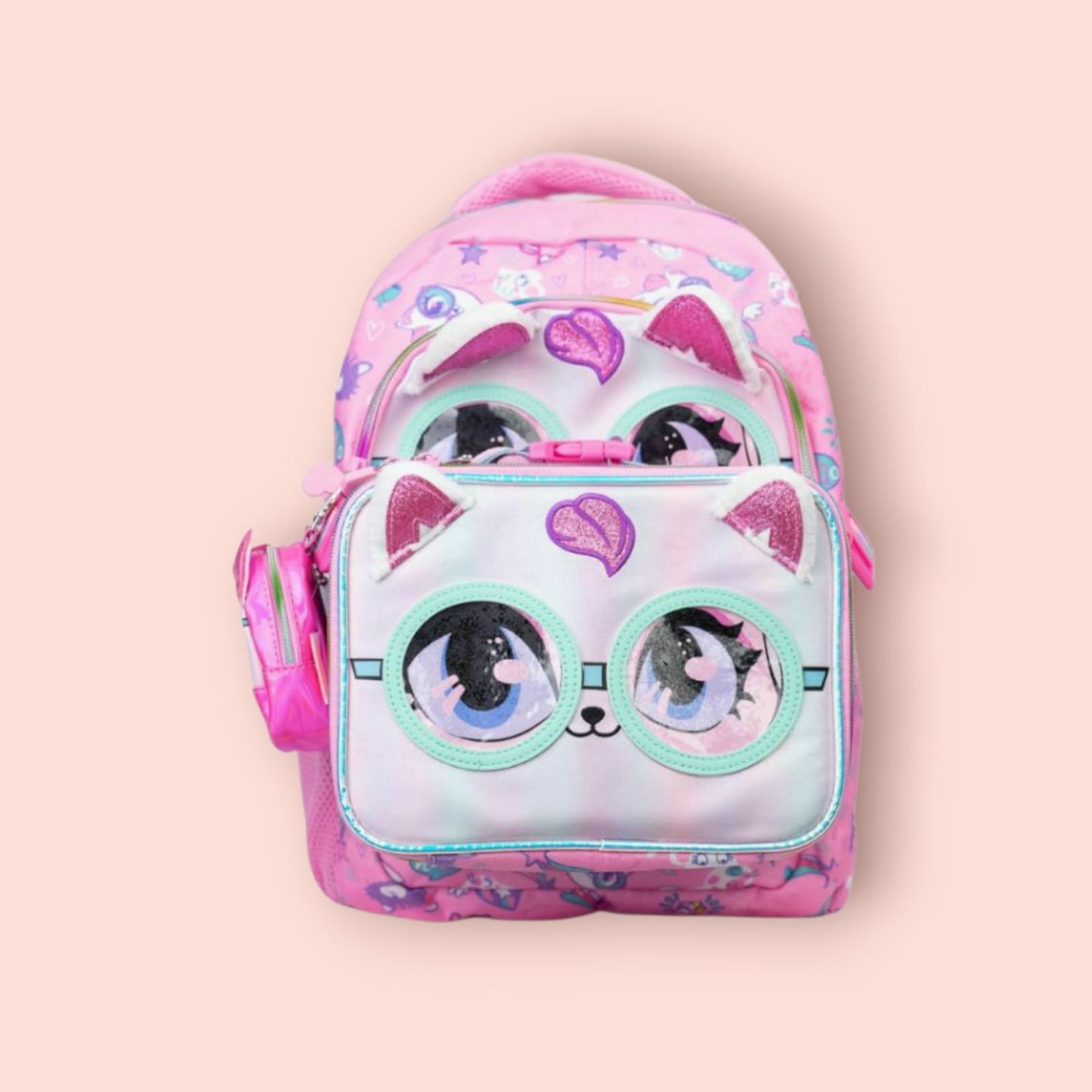 Cat face lunch bag and coin pouch clipped to the front of the pink backpack
