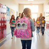 Girls pink cat backpack set with glasses lunch bag and mini coin pouch