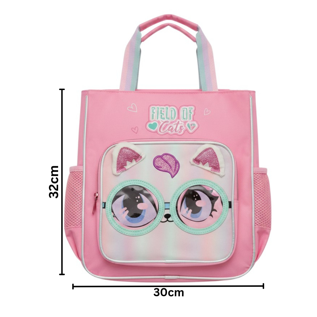 Pink cat face kids tote bag with mesh side pockets and a zip front pocket