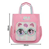 Pink cat face kids tote bag with mesh side pockets and a zip front pocket