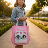 Girl holding a pink kids tote bag with a glittery cat face front pocket, Jack Gifts Online Lebanon