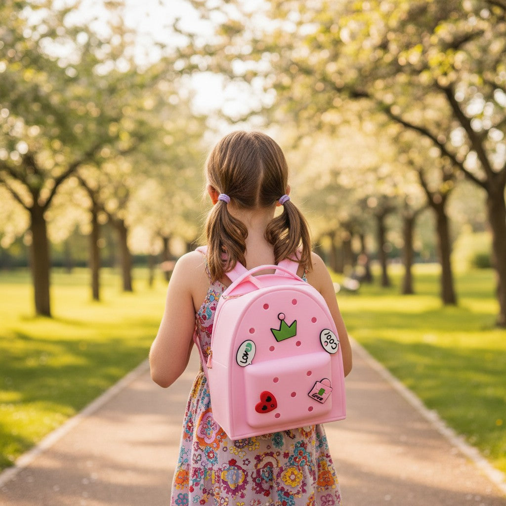 Girl wearing a glossy pink jelly backpack with crown, heart and speech bubble charms on a tree lined path