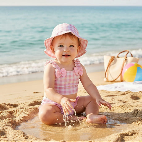 Baby wearing a pink checkered bow swimsuit with a matching bucket hat in the water