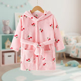 Pink cherry embroidered kids robe on a hanger with tie belt and pockets