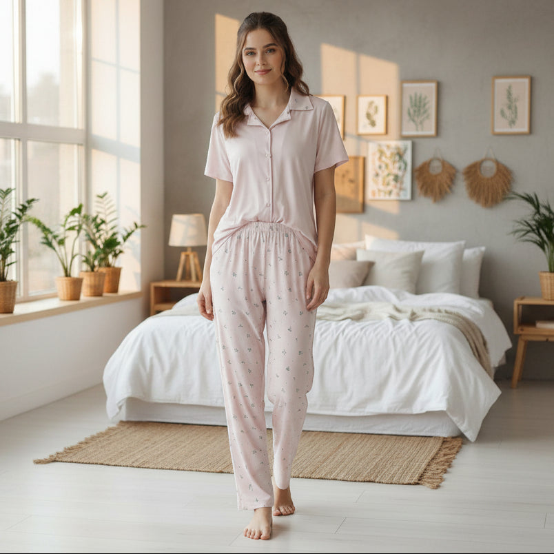 Woman wearing a blush pink cotton pyjama set in a bedroom - Jack Gifts Online Lebanon