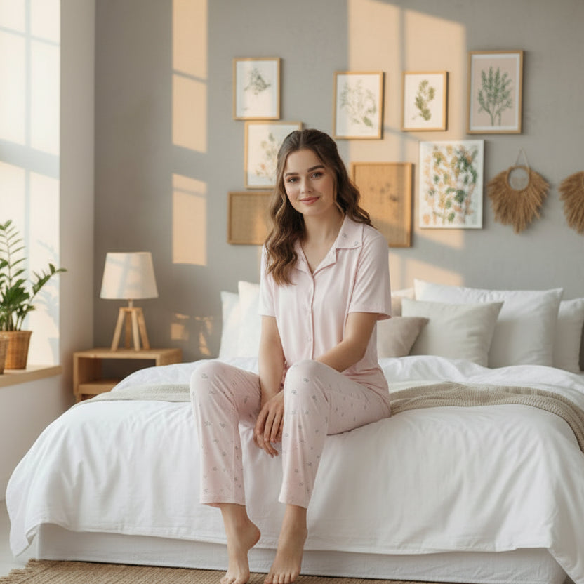 Woman in a light pink cotton pyjama set standing in a bright bedroom with plants and decor