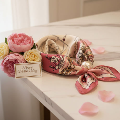 Pink and beige patterned foulard with a pearl on a marble surface with a 'Happy Mother's Day' card