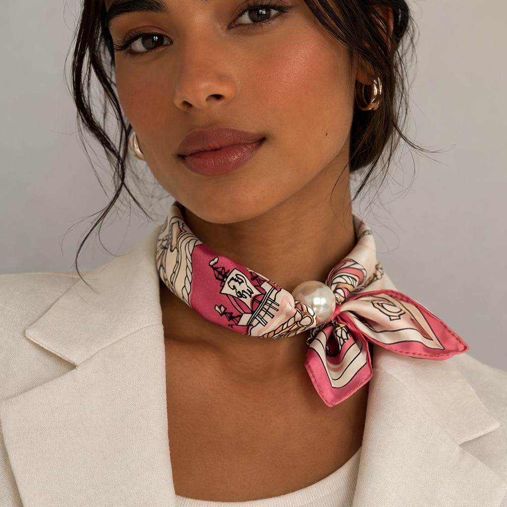 Woman wearing a pink and white patterned foulard with a pearl accessory on a neutral background