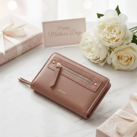 Pink wallet on a light surface with white roses and a 'Happy Mother's Day' card