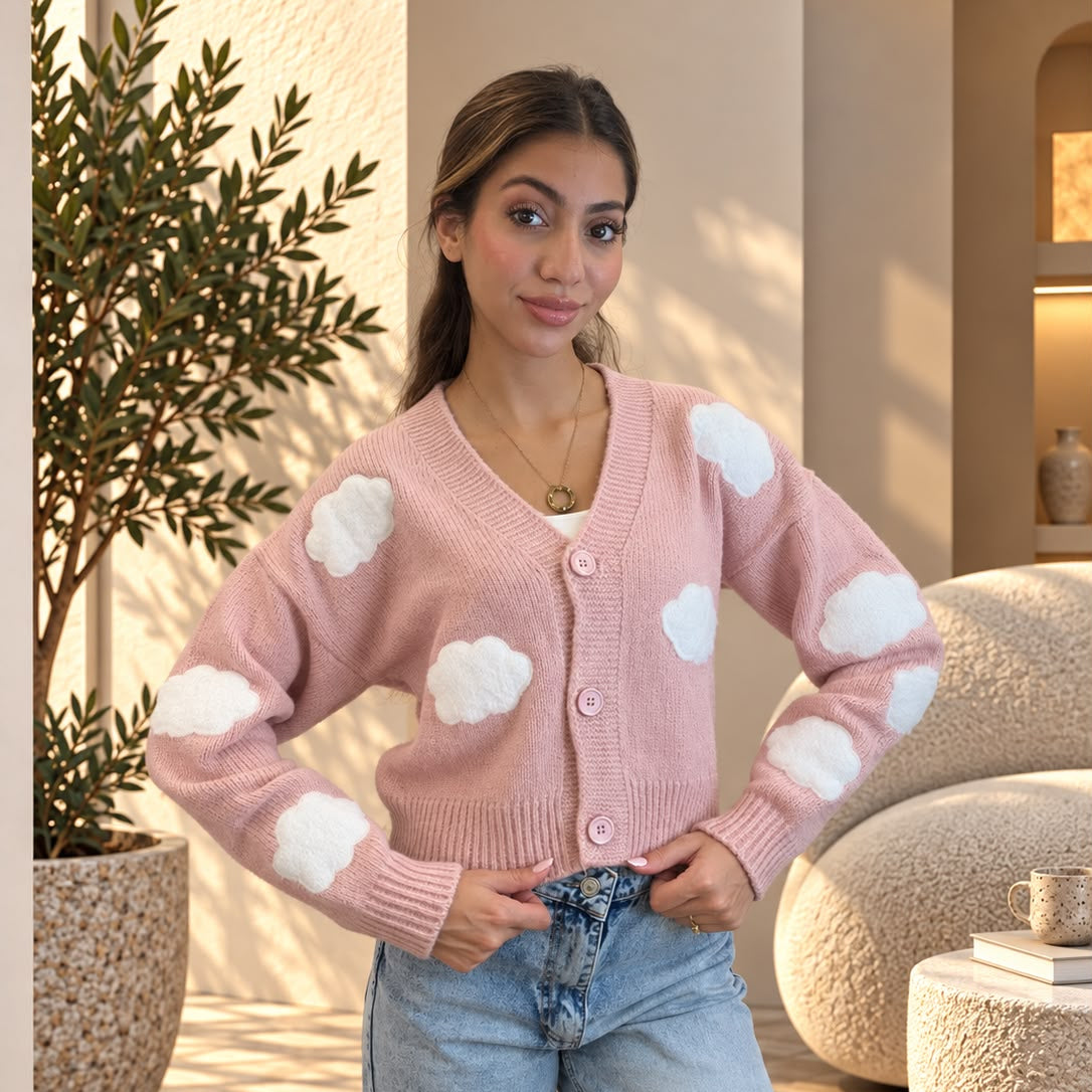 Pink V neck knit cardigan with fluffy white cloud appliques, buttoned