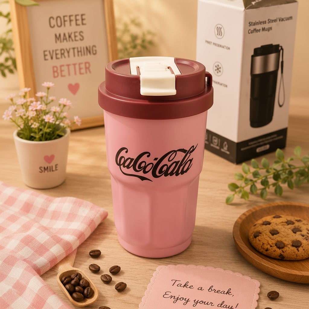 Pink Coca-Cola coffee mug on a wooden table with a box in the background