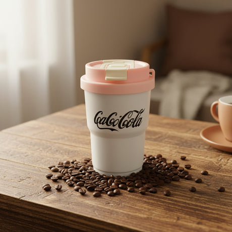 Coca-Cola mug with pink lid on a white surface
