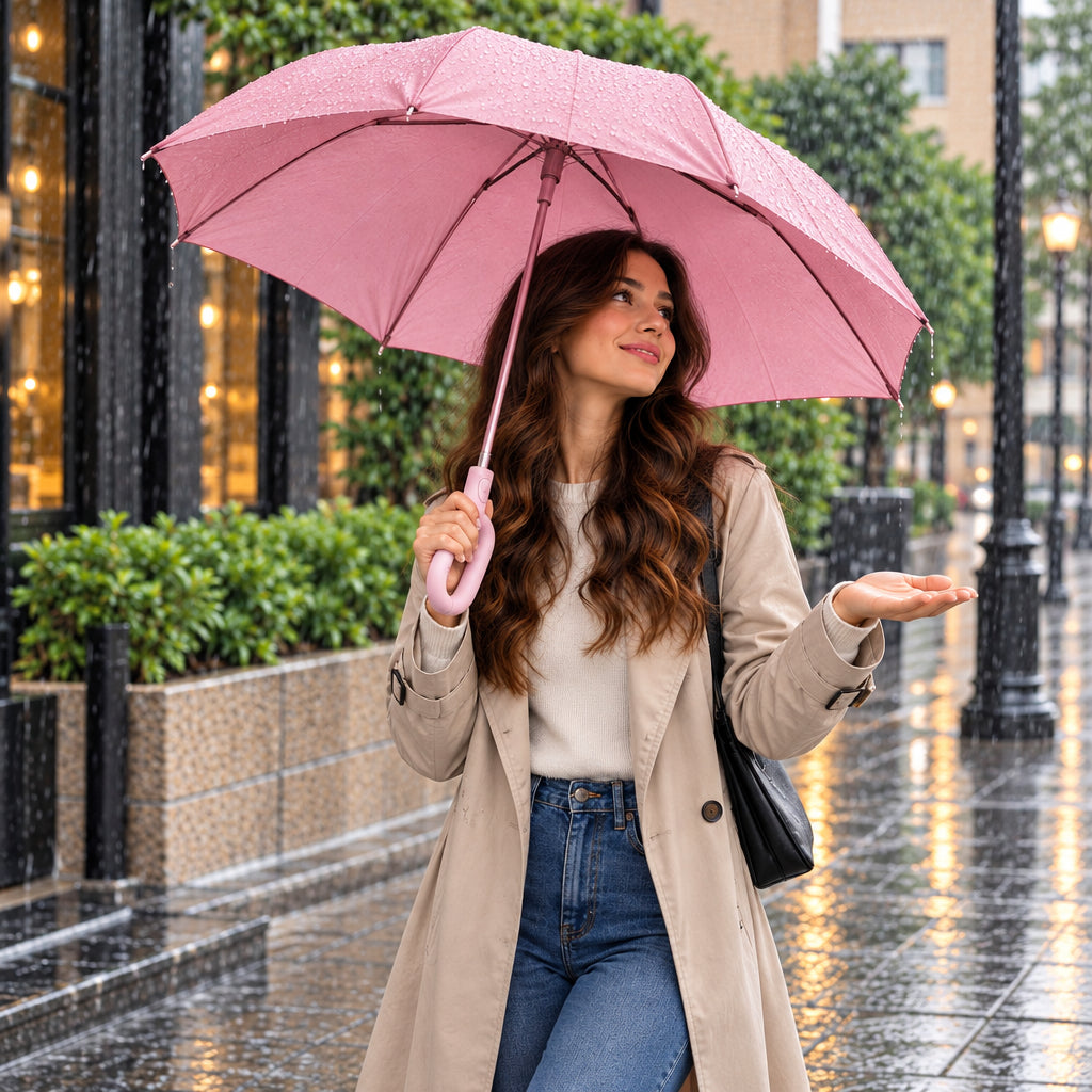 Woman in a beige trench coat holding an open pink umbrella with a curved hook handle in the rain