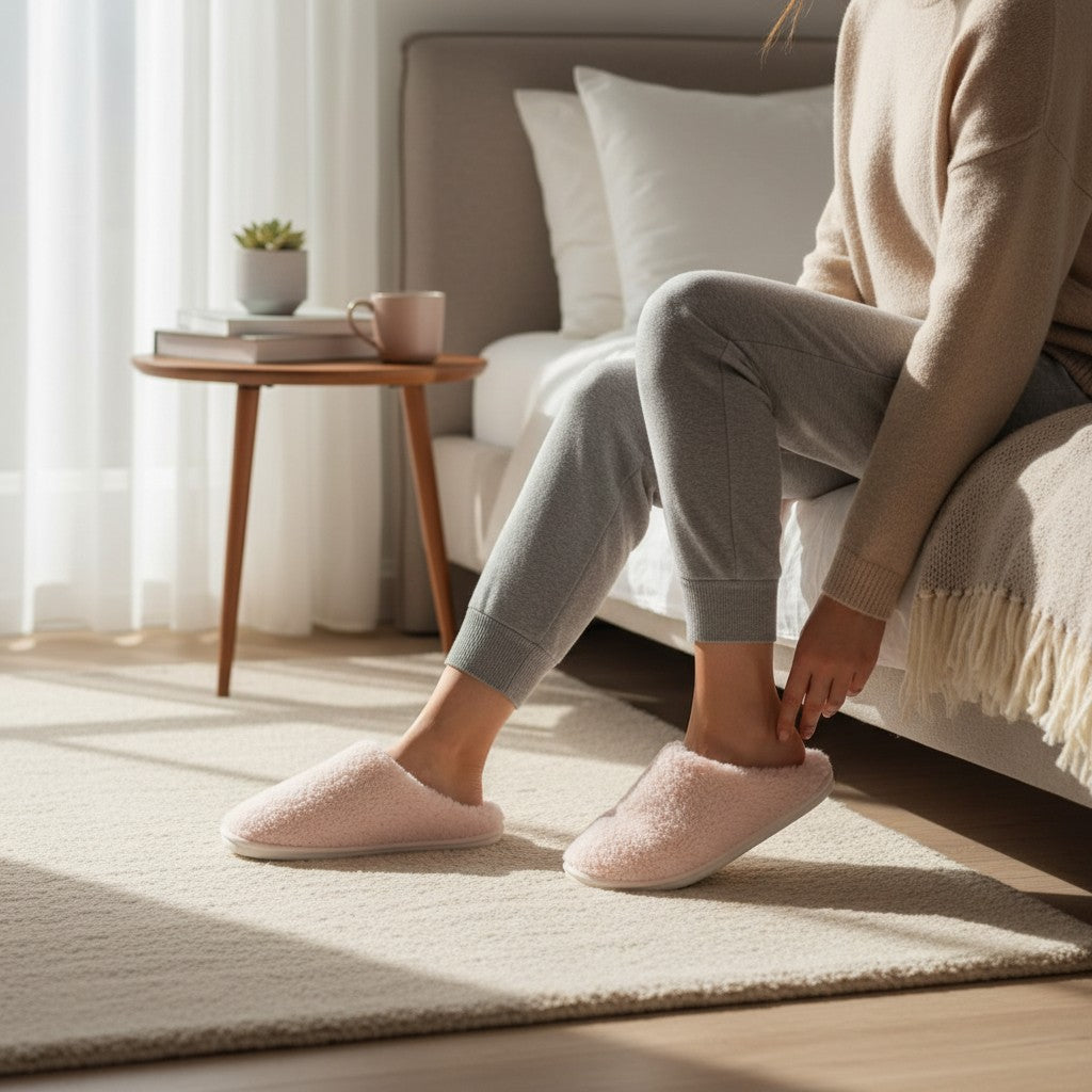 Woman slipping her foot into a pale pink plush slipper beside a bed