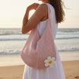 Pink daisy crochet beach bag, handmade open weave tote, Jack Gifts Lebanon