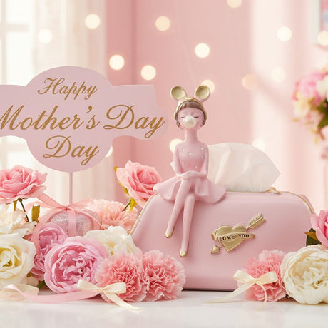 The pink tissue holder banked with roses and carnations tied in cream satin ribbon