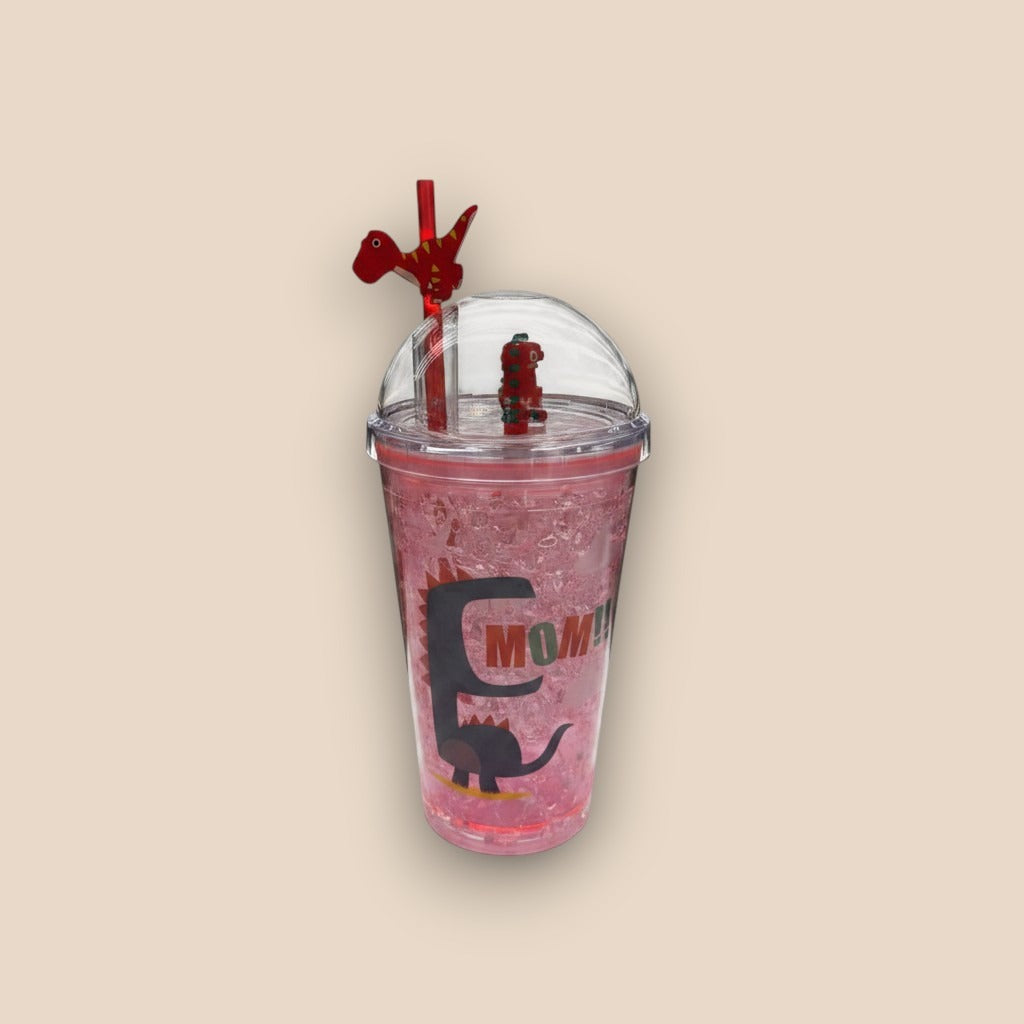 Dusty rose glitter tumbler with a red dinosaur straw topper and a Mom print
