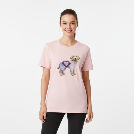 Woman wearing a pink tshirt with a dog graphic on a white background