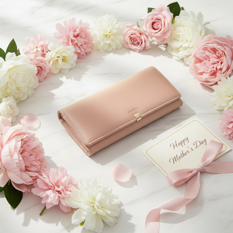 Pink wallet with flowers and a 'Happy Mother's Day' card on a white background