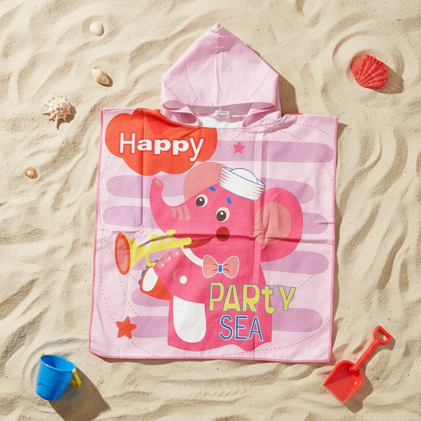 Pink elephant poncho towel with a trumpet playing elephant and striped bands flat lay