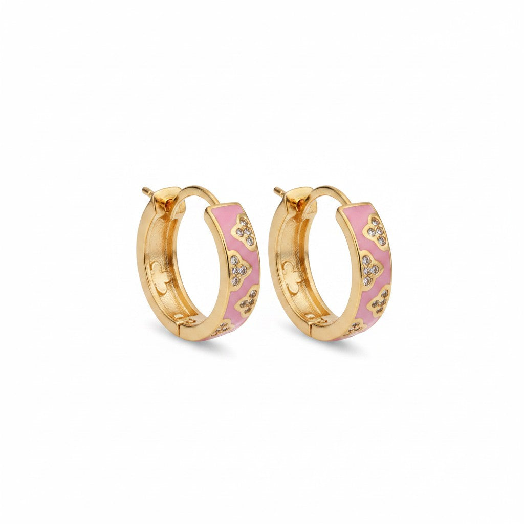 Pink square hoop earring with gold and rhinestone corner