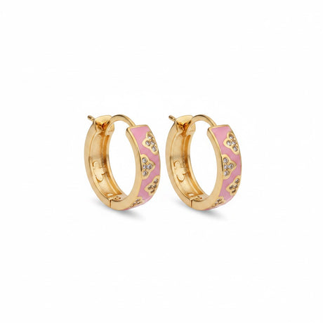 Pink square hoop earring with gold and rhinestone corner