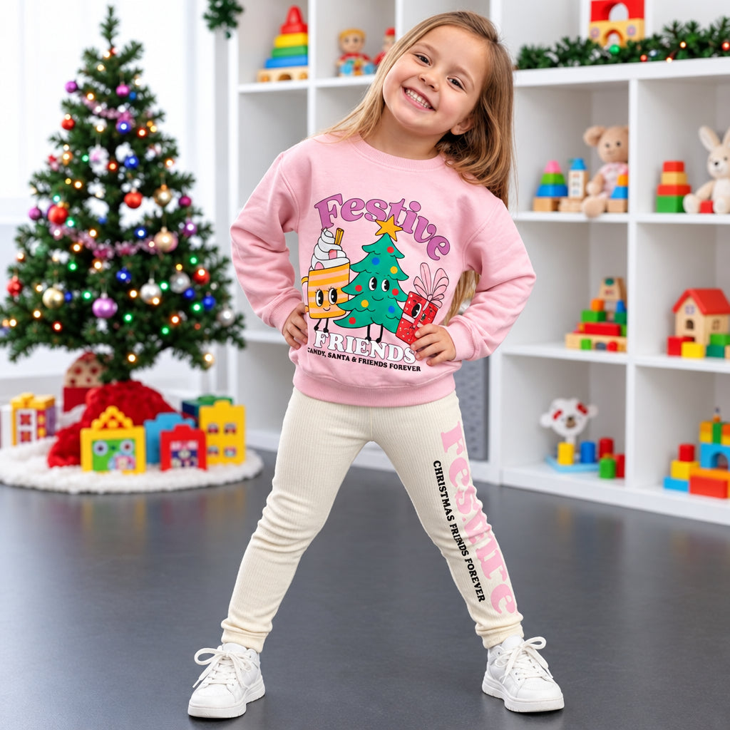 Girl in a pink Festive Friends Christmas sweatshirt and cream printed leggings by a tree