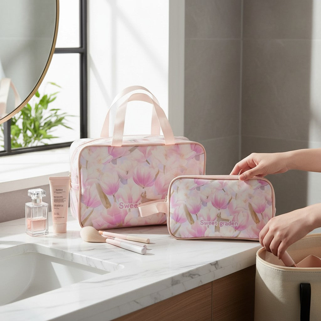 Two pink floral cosmetics bags on a bathroom counter with a hand reaching for one of them