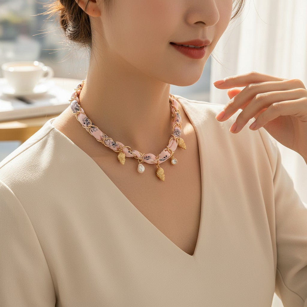 Pink floral wrapped chain necklace with gold shell charms and a pearl drop