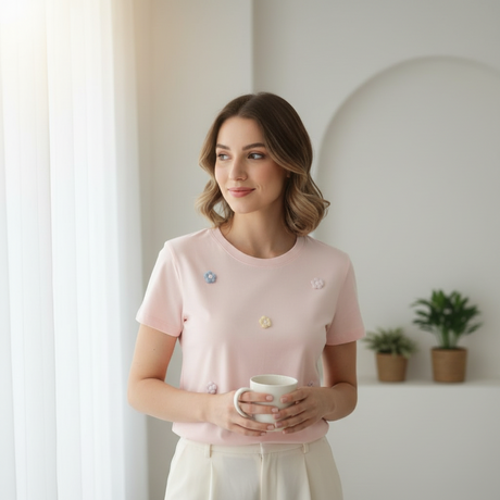 Woman in a pink tshirt with floral embellishments holding a mug indoors with plants in the background