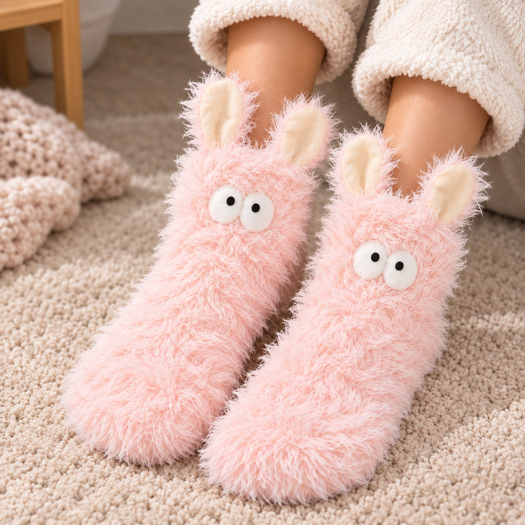 Woman wearing shaggy pink fluffy socks with upright bunny ears and big round eyes on a rug