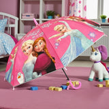 Pink Frozen kids umbrella canopy showing Elsa, Anna, Olaf and snowflakes