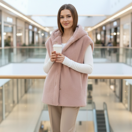 Pink fur vest worn with beige trousers, coffee in hand